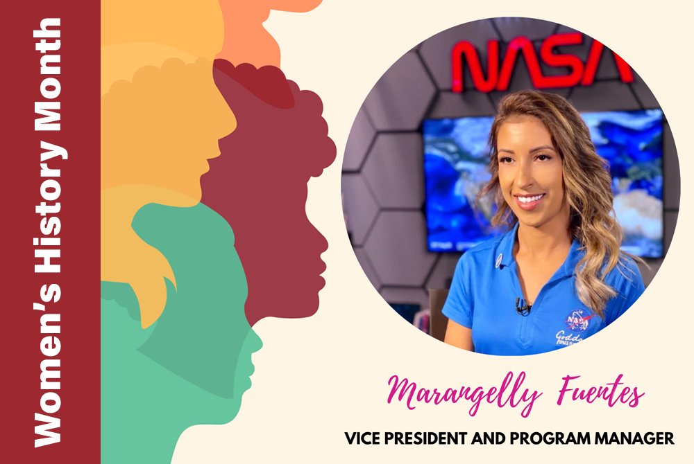 Photo of Marangelly Cordero-Fuentes in front of a NASA sign with her name and title, Vice President and Program Manager, underneath her picture. The words 